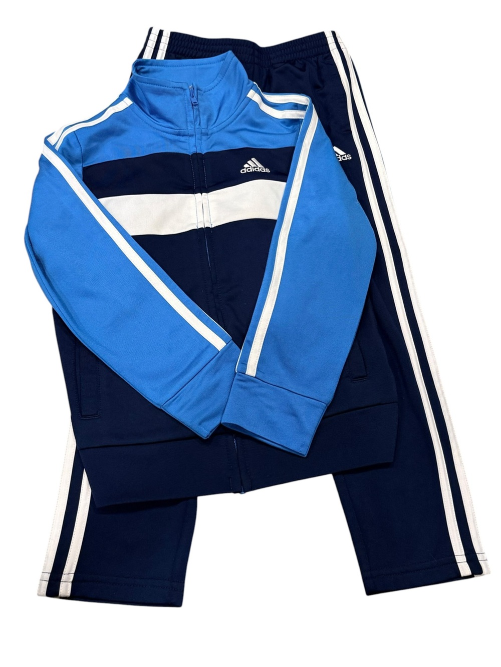 Adidas Boys Track Jacket Full Zip Pants Set Navy Blue 3 Stripe Colorblock Size 5